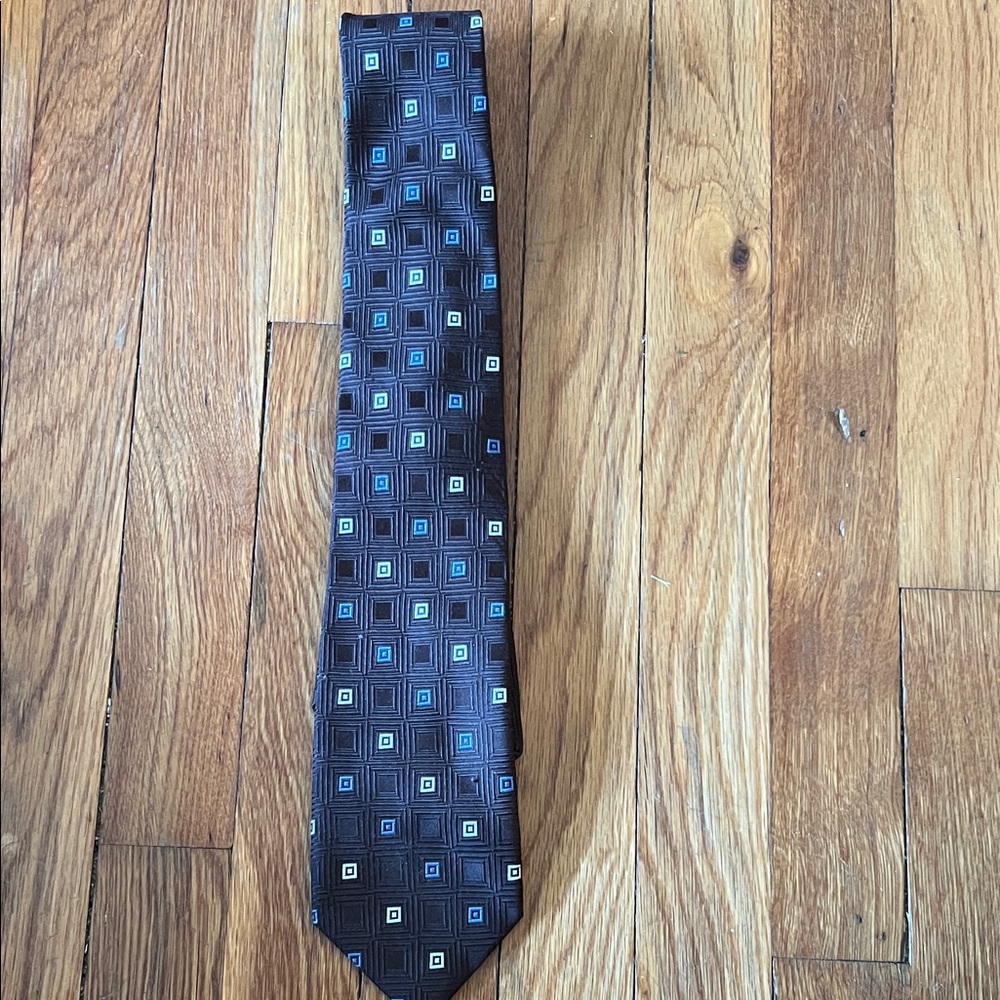 MICHAEL Michael Kors Dark Brown Tie with Blue and Cream Geometric Pattern